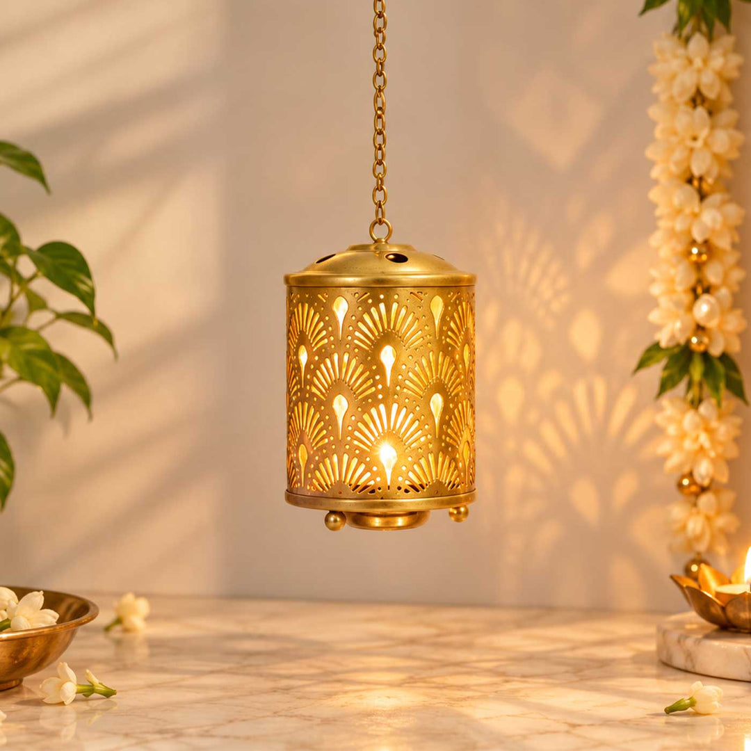 Handmade Gold Round Flower Etched Hanging Metal Tealight Holder For Festive Decor