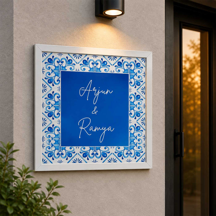 Blue Tile Vintage Personalized Square Resin & Teak Wood Frame Name Plate For Home
