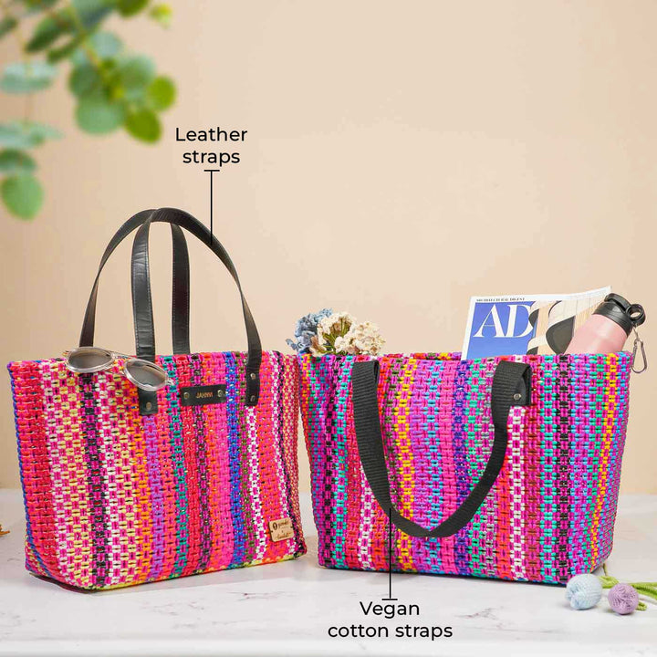 Multicolour Striped Pink Sivakannu Knot Handmade Koodai Market Bag