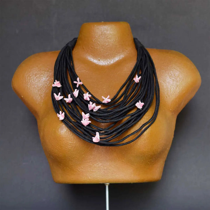 Handmade Textile Art Wired Floral Design Dupion Silk Fabric Necklace