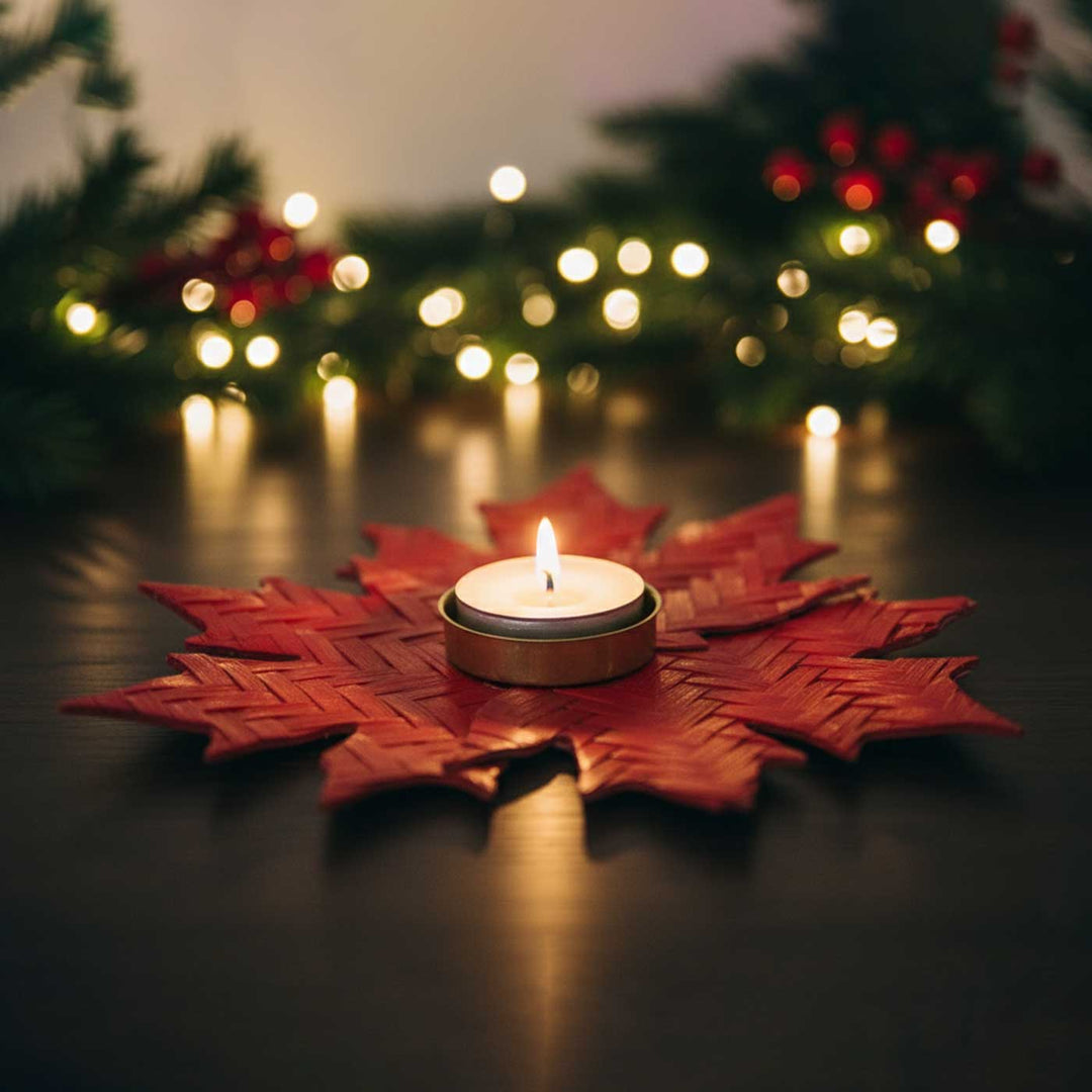 Handmade Bamboo Red Maple Tea Light Holder
