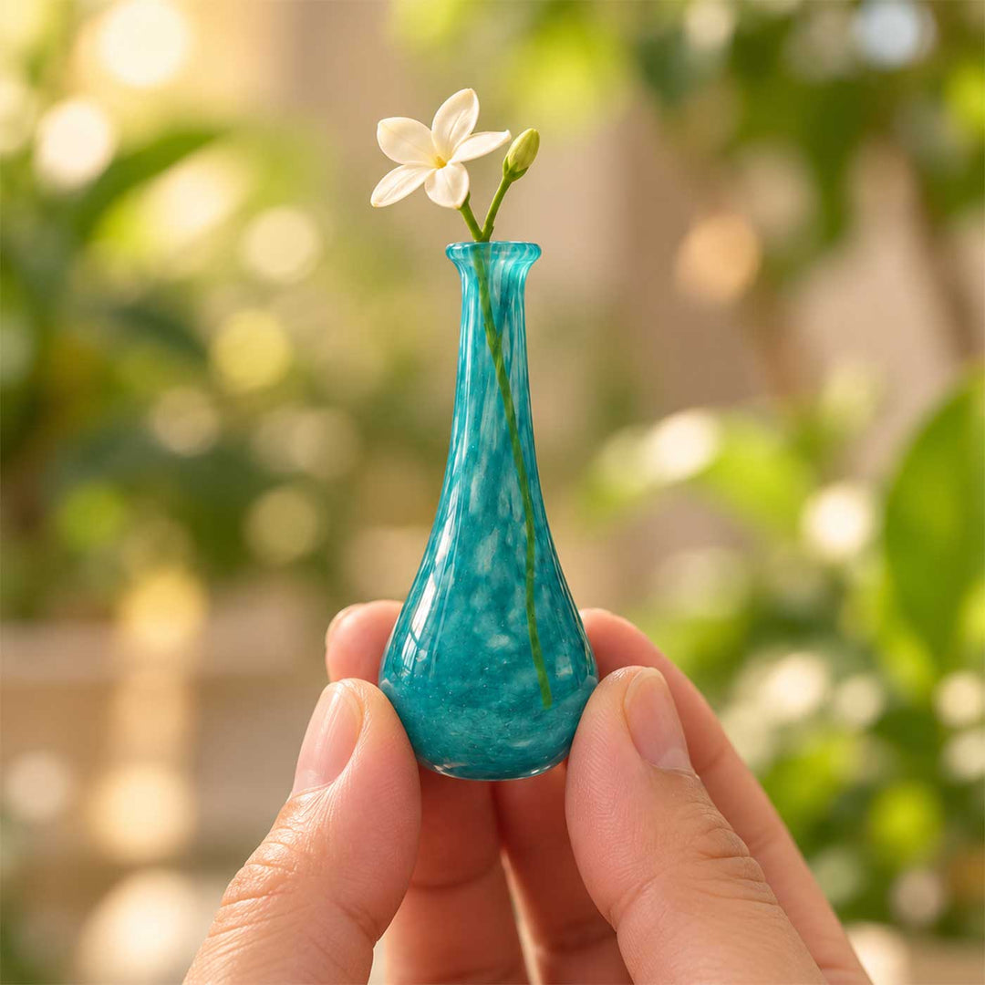 Handmade Teal Tall Bud Small Glass Art Vase For Home Decor