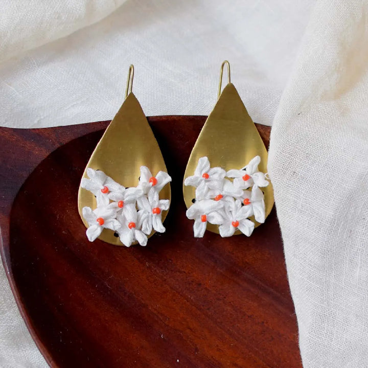 Handmade Textile Art Floral Drop Shaped Dupion Silk Fabric Earrings