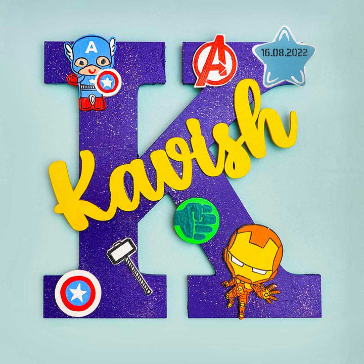 Hand Painted Personalised Kids Superhero Themed Monogram Nameplate
