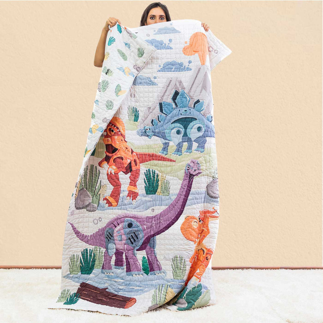 Personalized Dino Goes To School Theme Cotton Quilt For Kids
