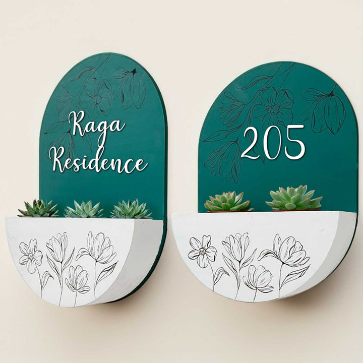 Personalized Handmade White And Green Floral Mdf Wood Name Plate - Mounted on Wall with Planter