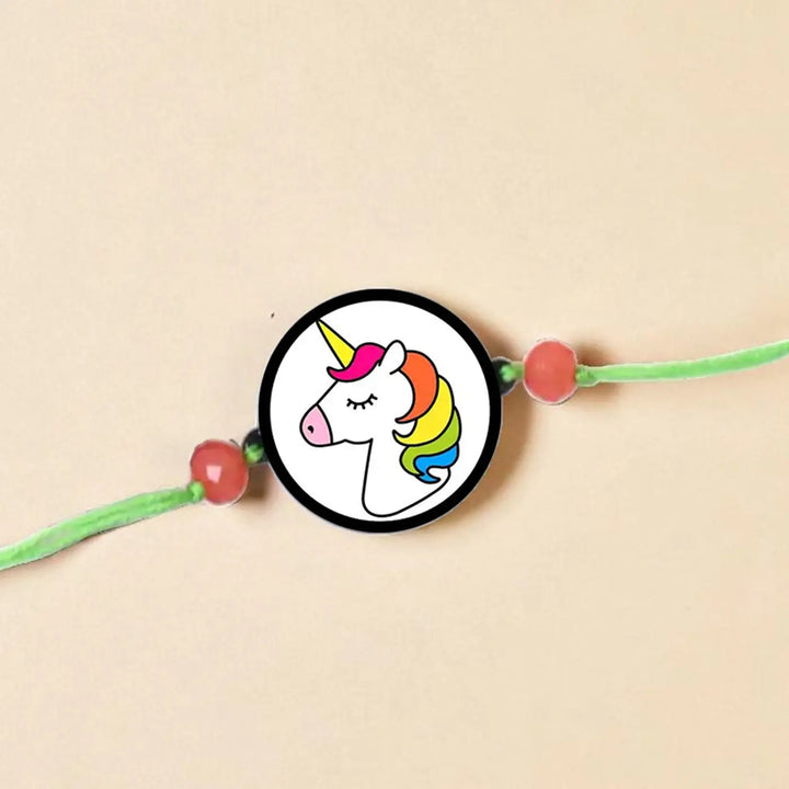 Handmade Unicorn Theme Kids Rakhi With Roli Chawal