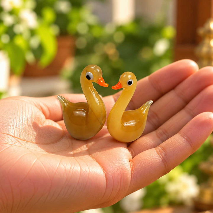Set of 2 | Handmade Blown Glass Olive Brown Swan Miniature Figurine For Decor
