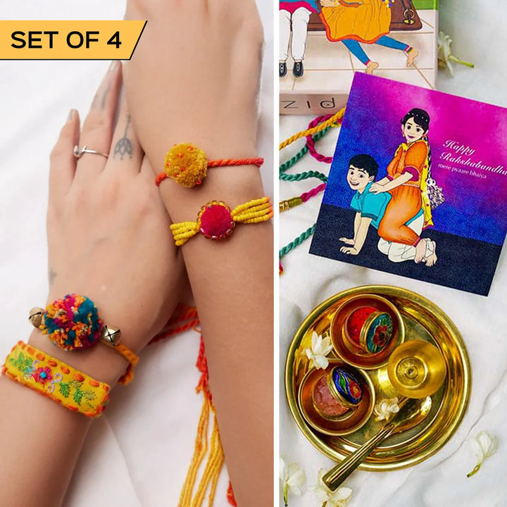 4 pc Rakhi + Brass Thali Set | Premium Zoey Beads & Pom Pom Rakhi Set with Roli Chawal