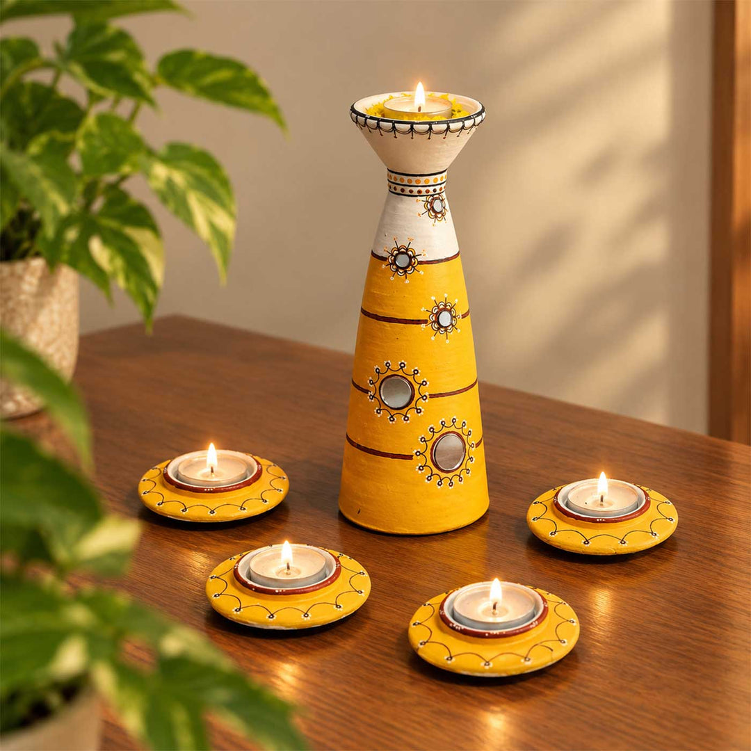 Set of 5 | Sunny Yellow Hand-Painted Terracotta Disc & Long Diya Tealight Holders For Festive Decor