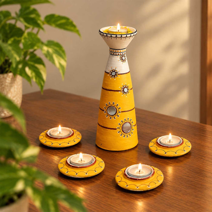Set of 5 | Sunny Yellow Hand-Painted Terracotta Disc & Long Diya Tealight Holders For Festive Decor