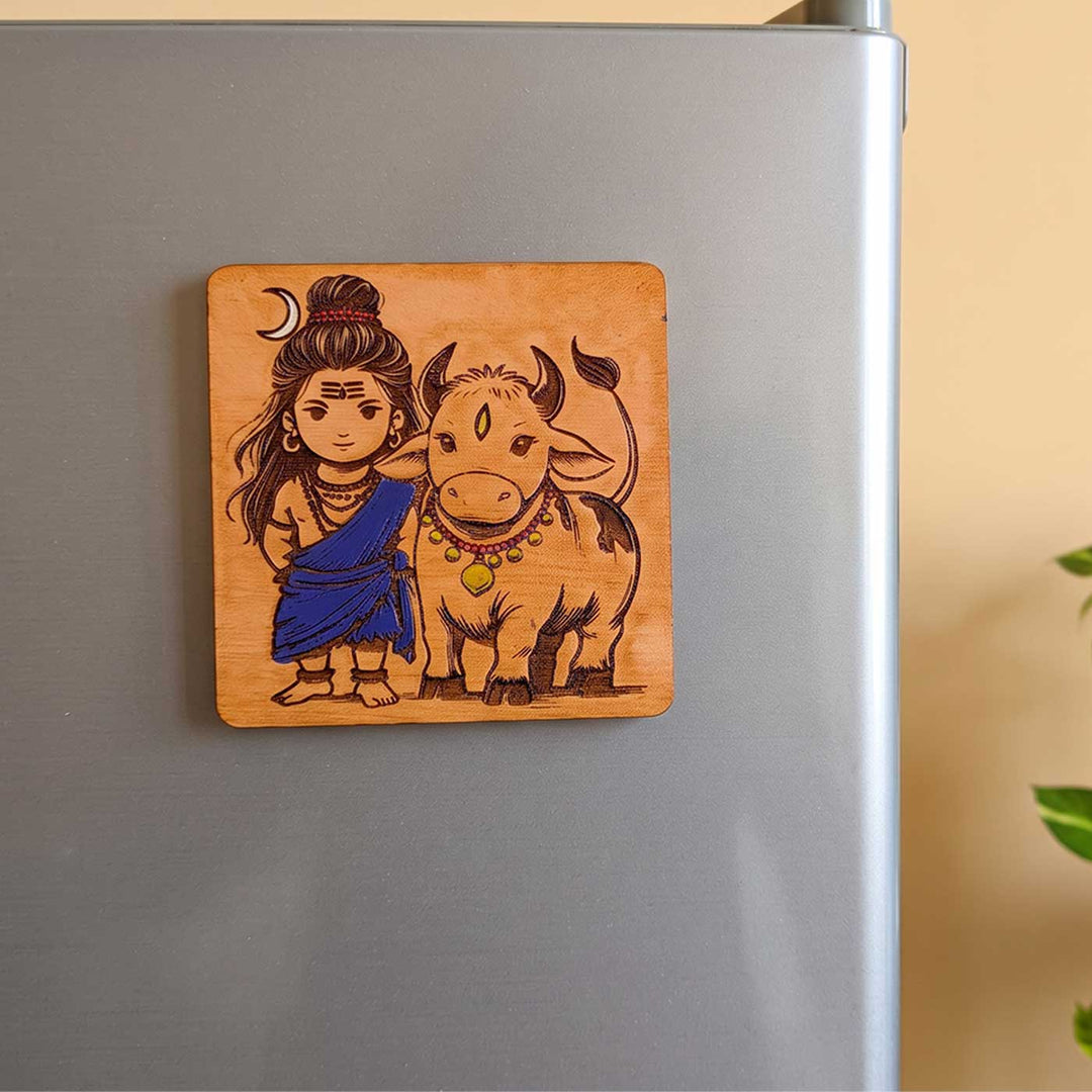 Engraved & Hand-Painted Lord Shiva Mahogany Wood Fridge Magnet
