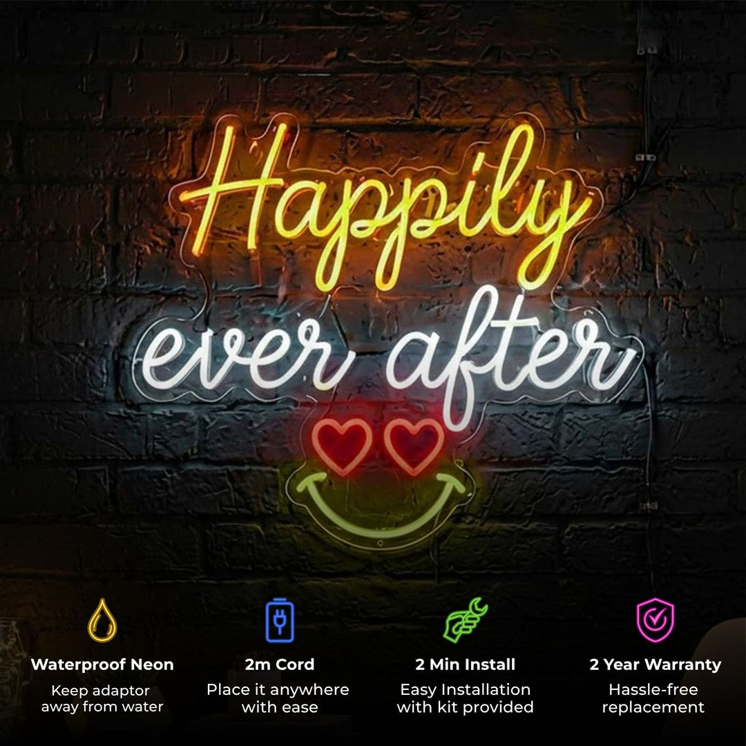 Personalized Handmade "Happily Ever After" Neon Light Sign Board With Smiley For Wedding/Home Decor