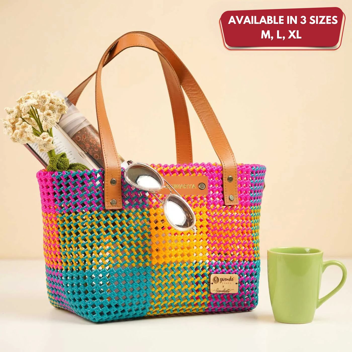 Buy Multicolor Checks Mukhya Knot Handmade Koodai Tote Bag Online