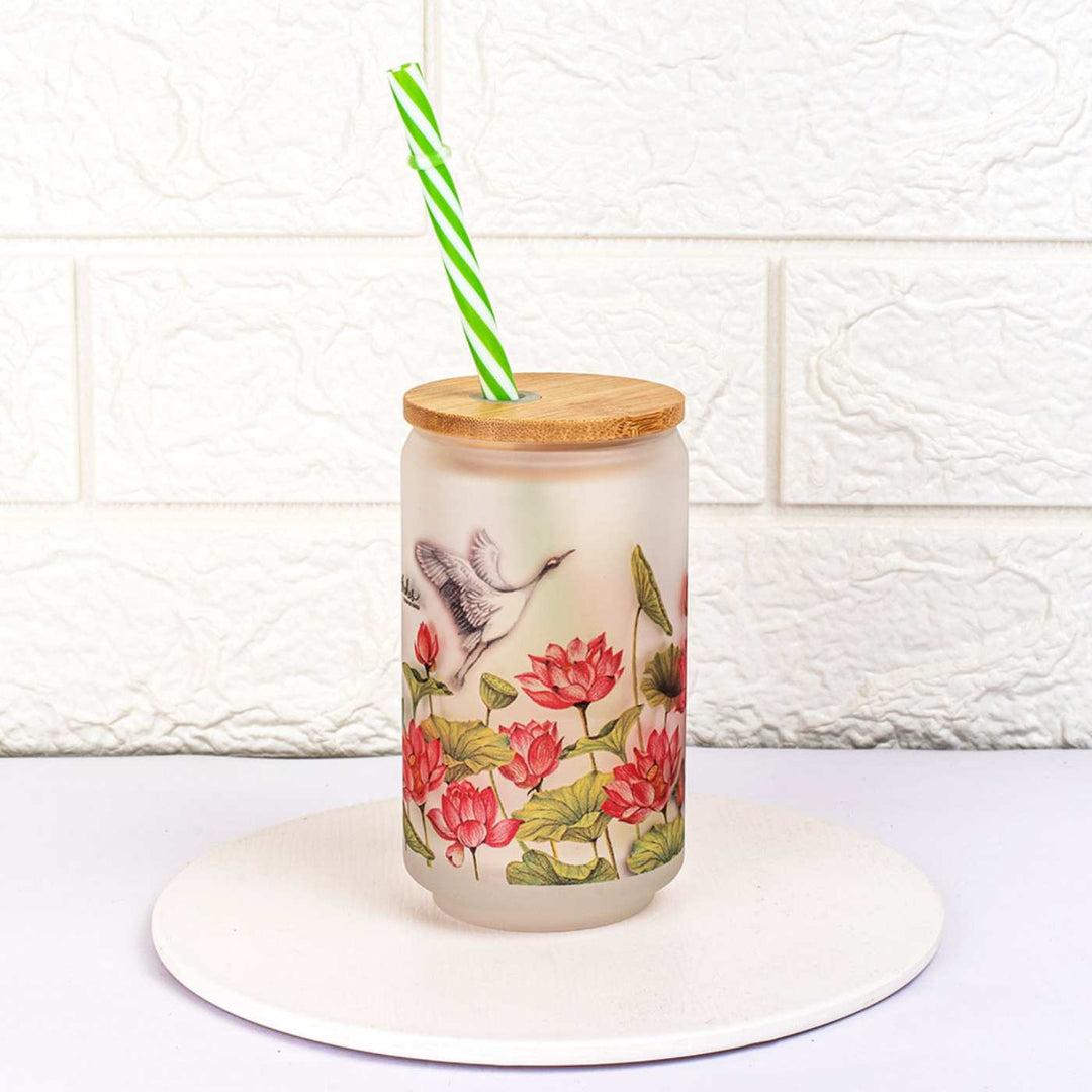 Frosted Printed Mason Jar with Wooden Lid & Straw | 350 ml