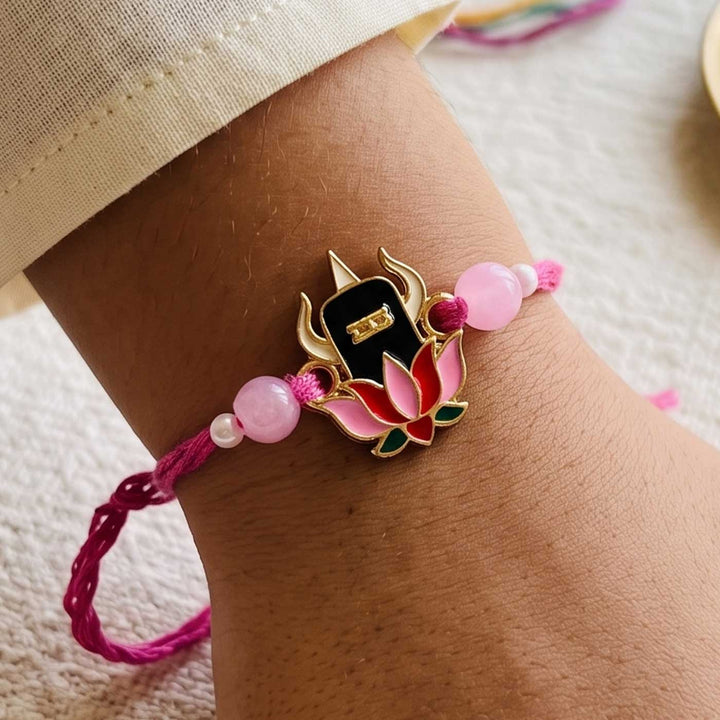 Engraved Lord Shiva Enamel Metal Charm Rakhi With Roli Chawal for Brother
