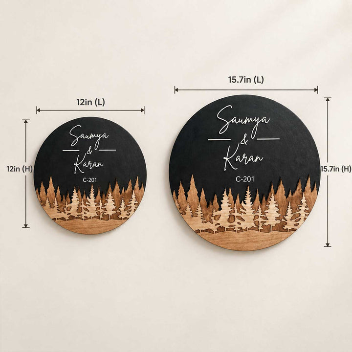 Pine Forest Theme Personalized Round Led Backlit Handcrafted Wooden Name Plate With Laser Cut White Lettering For Home