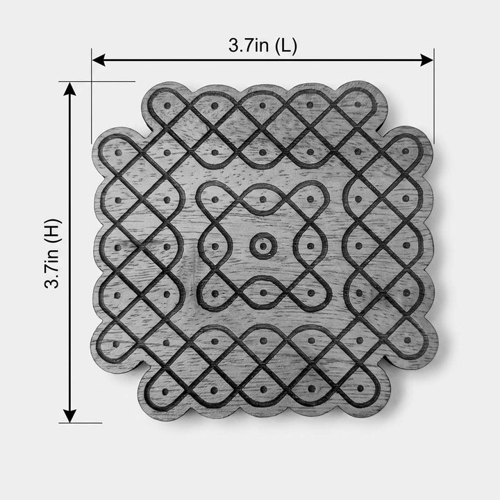 4 pc | Engraved Mahogany Wood Kolam Coasters With Holder For Coffee Table & Dining Decor