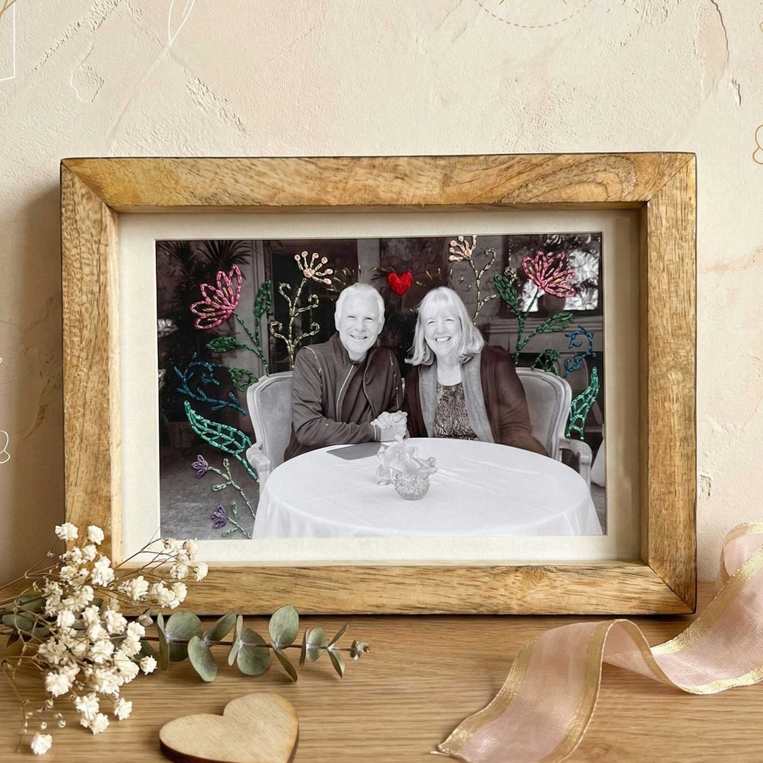 Flowers Design Hand Embroidered Photo With Wooden Frame