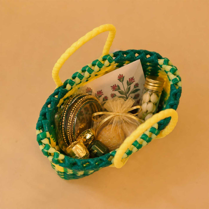 Handwoven Green & Beige Small Plastic Wire Koodai Bag For Festive Return Gifts