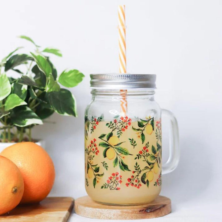 Botanical Print Mason Jar with Metal Lid & Straw | 500 ml