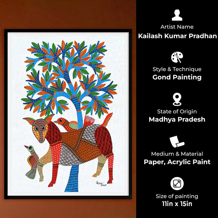 11 x 15 Inch | Animal, Birds & Tree | Original Hand painted Tribal Gond Art Painting | Acrylic Paints On Paper