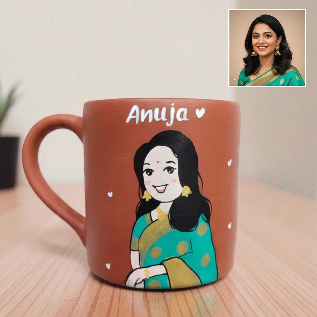 Photo Personalized Hand-Painted Saree Cute Girl Terracotta Mug
