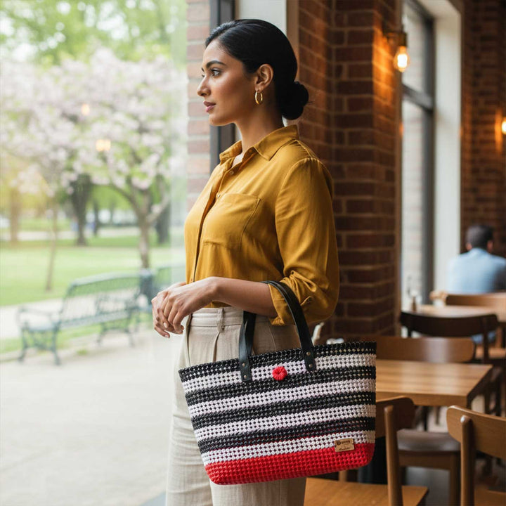 Black & White Striped Mukhya Knot Handmade Koodai Beach Bag