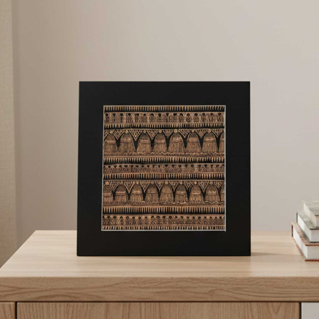 8 x 8 Inch | Black On Tea Treated Paper | Traditional Black & Brown Madhubani Style Drawing With Frame