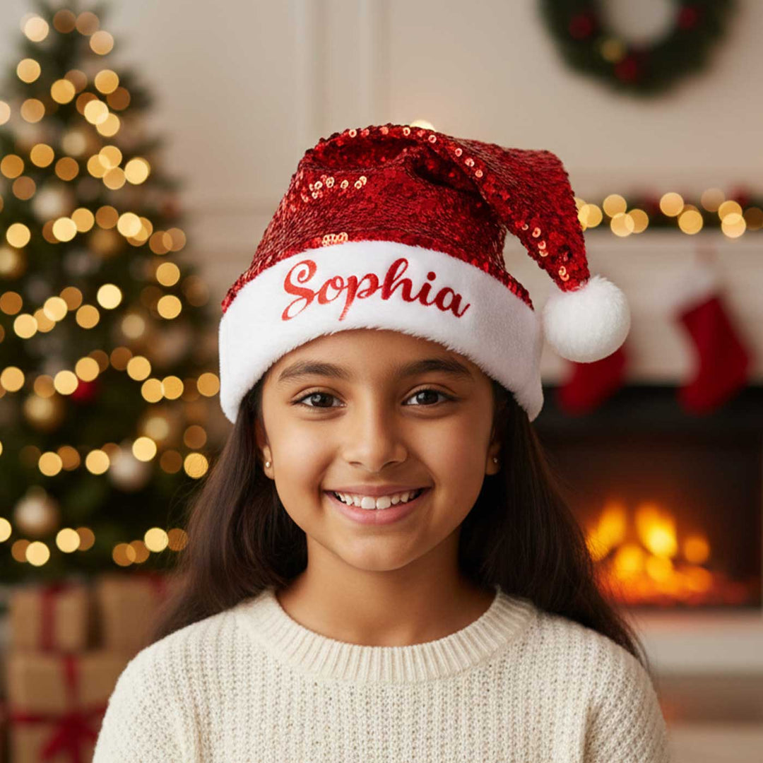 Personalized Sequined Red & Gold Christmas Santa Hat | Xmas Gifting Ideas