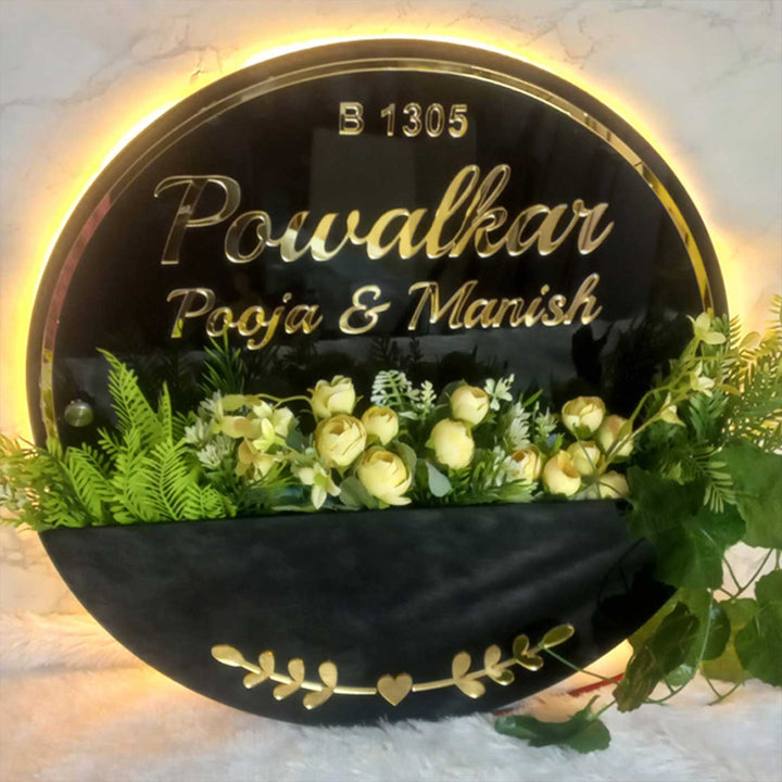 Black And Gold Acrylic Personalized Handmade Planter Name Plate With Backlight