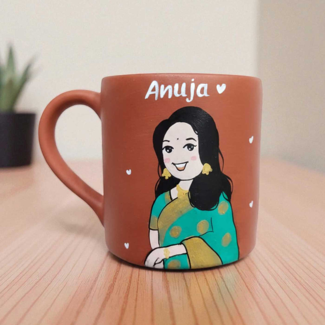 Photo Personalized Hand-Painted Saree Cute Girl Terracotta Mug