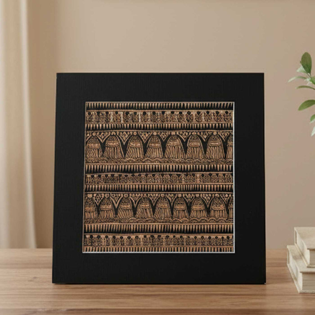 8 x 8 Inch | Black On Tea Treated Paper | Traditional Black & Brown Madhubani Style Drawing With Frame
