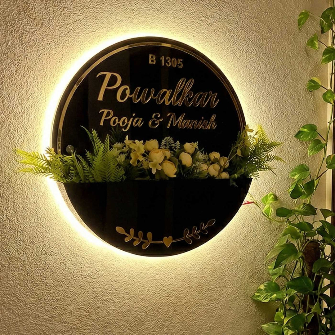 Black And Gold Acrylic Personalized Handmade Planter Name Plate With Backlight
