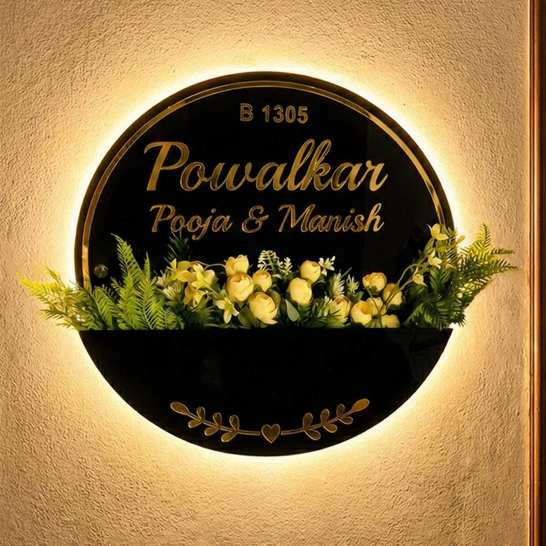 Black And Gold Acrylic Personalized Handmade Planter Name Plate With Backlight