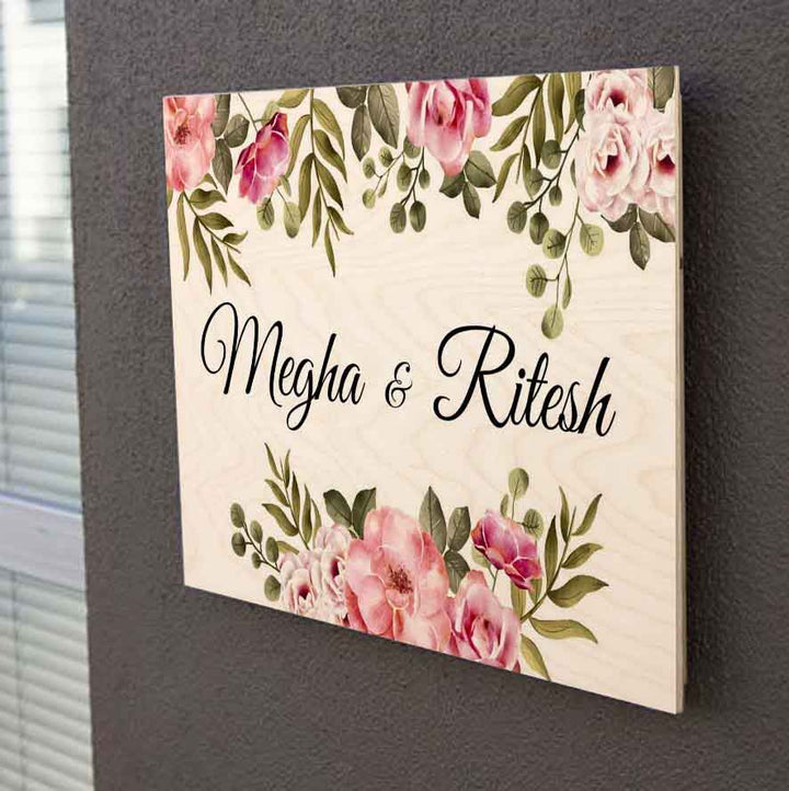 Printed Floral Wooden Rectangle Nameplate