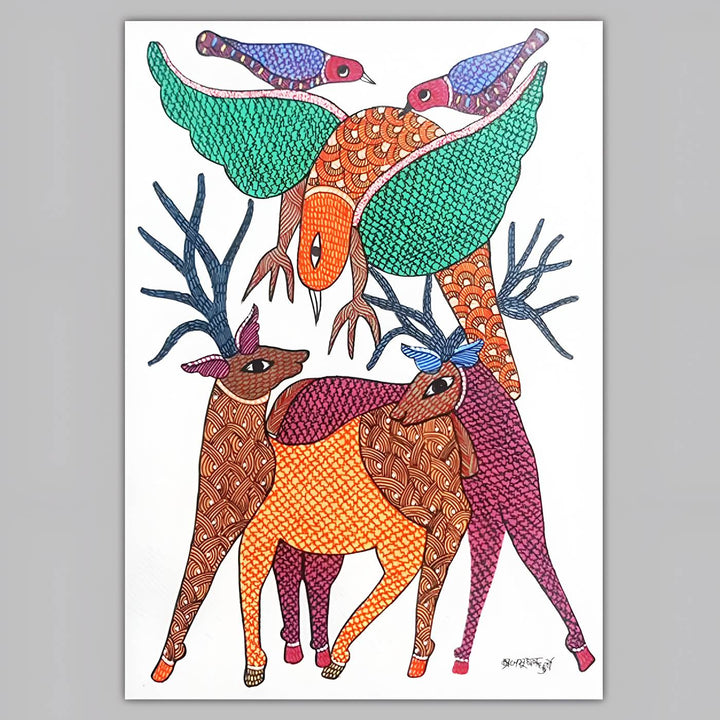 11 x 16 Inch | Deer and Birds in Harmony | Original Hand Painted Tribal Gond Art Painting | Acrylic Paint On Paper