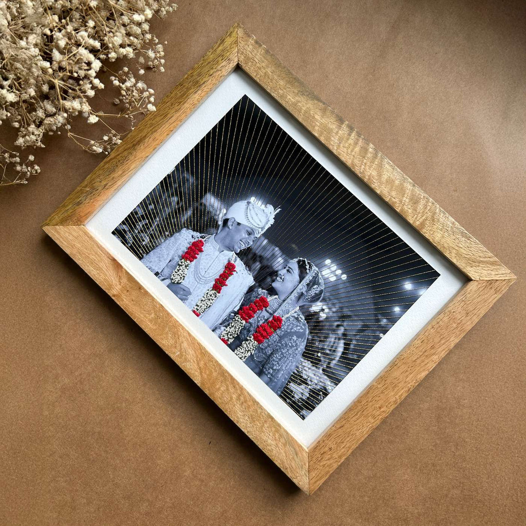 Garland And Golden Rays Design Hand Embroidered Photo With Wooden Frame