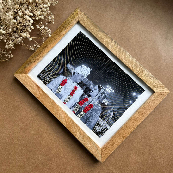 Garland And Golden Rays Design Hand Embroidered Photo With Wooden Frame
