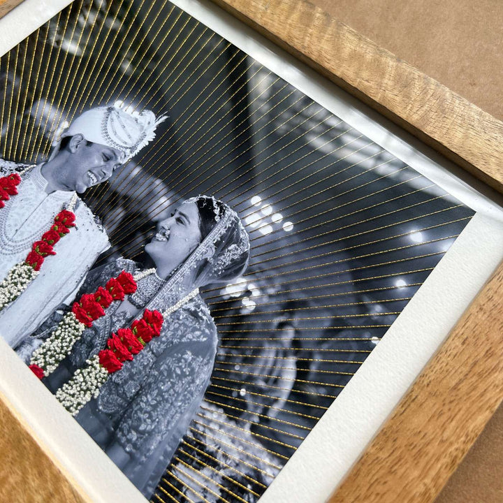 Garland And Golden Rays Design Hand Embroidered Photo With Wooden Frame