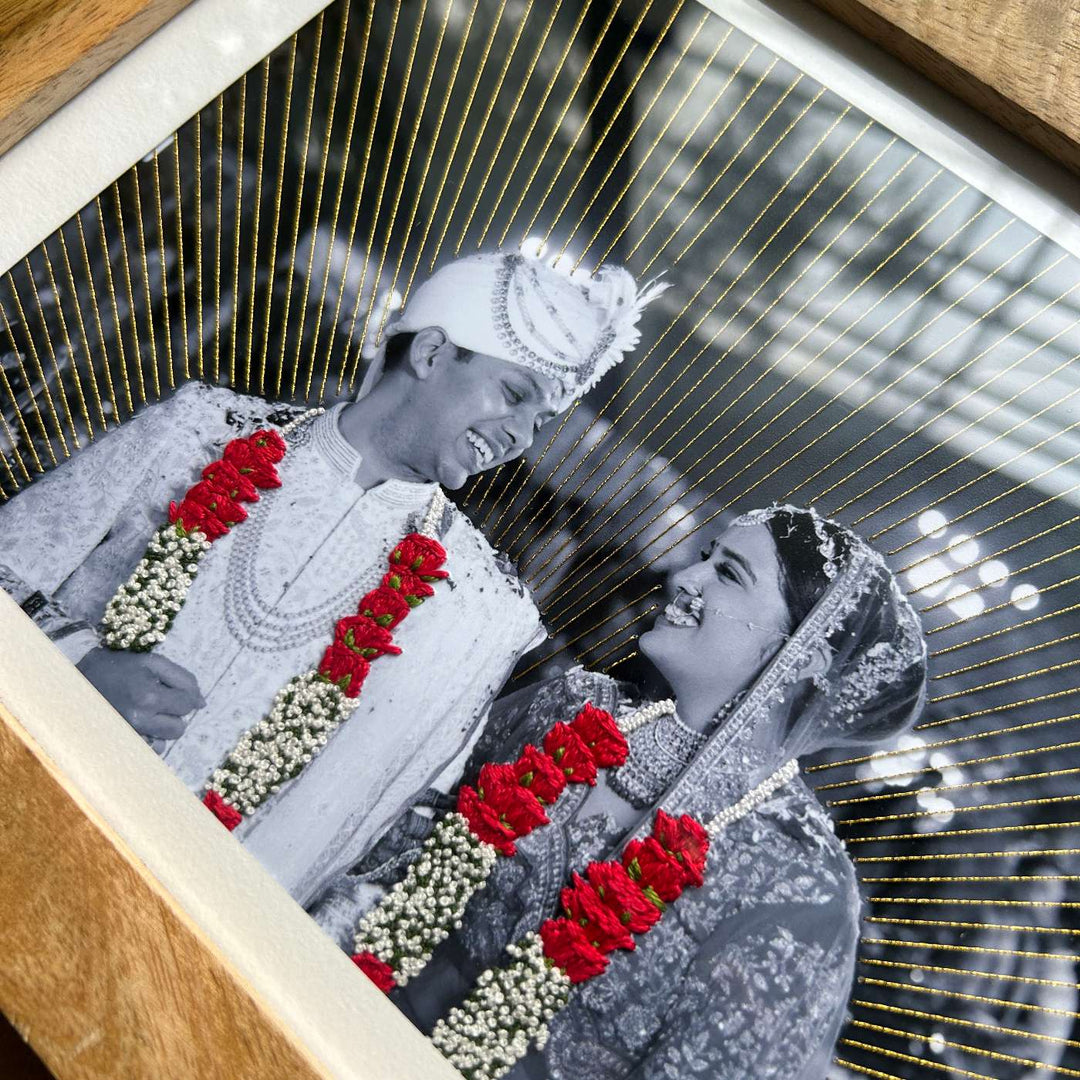 Garland And Golden Rays Design Hand Embroidered Photo With Wooden Frame