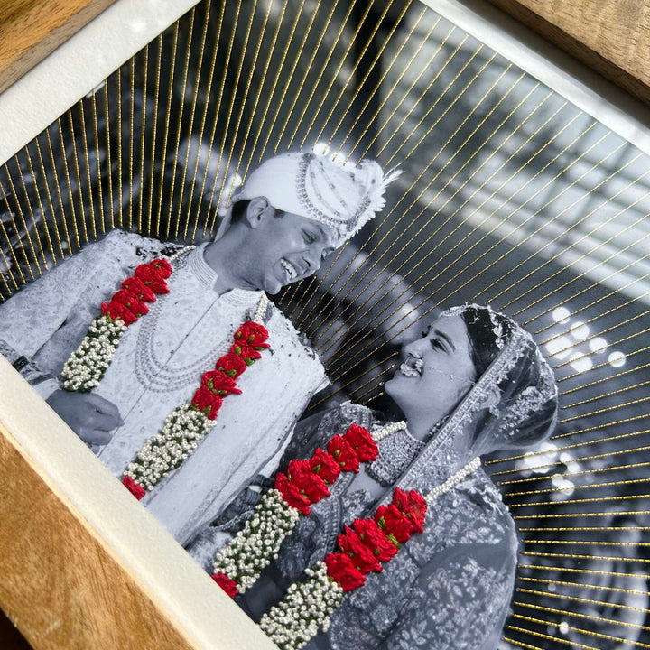 Garland And Golden Rays Design Hand Embroidered Photo With Wooden Frame