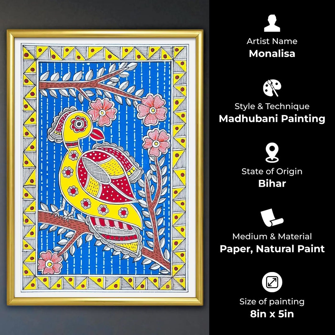 8 x 5 Inch | The Yellow Chirp | Original Hand Painted Madhubani Painting On Paper
