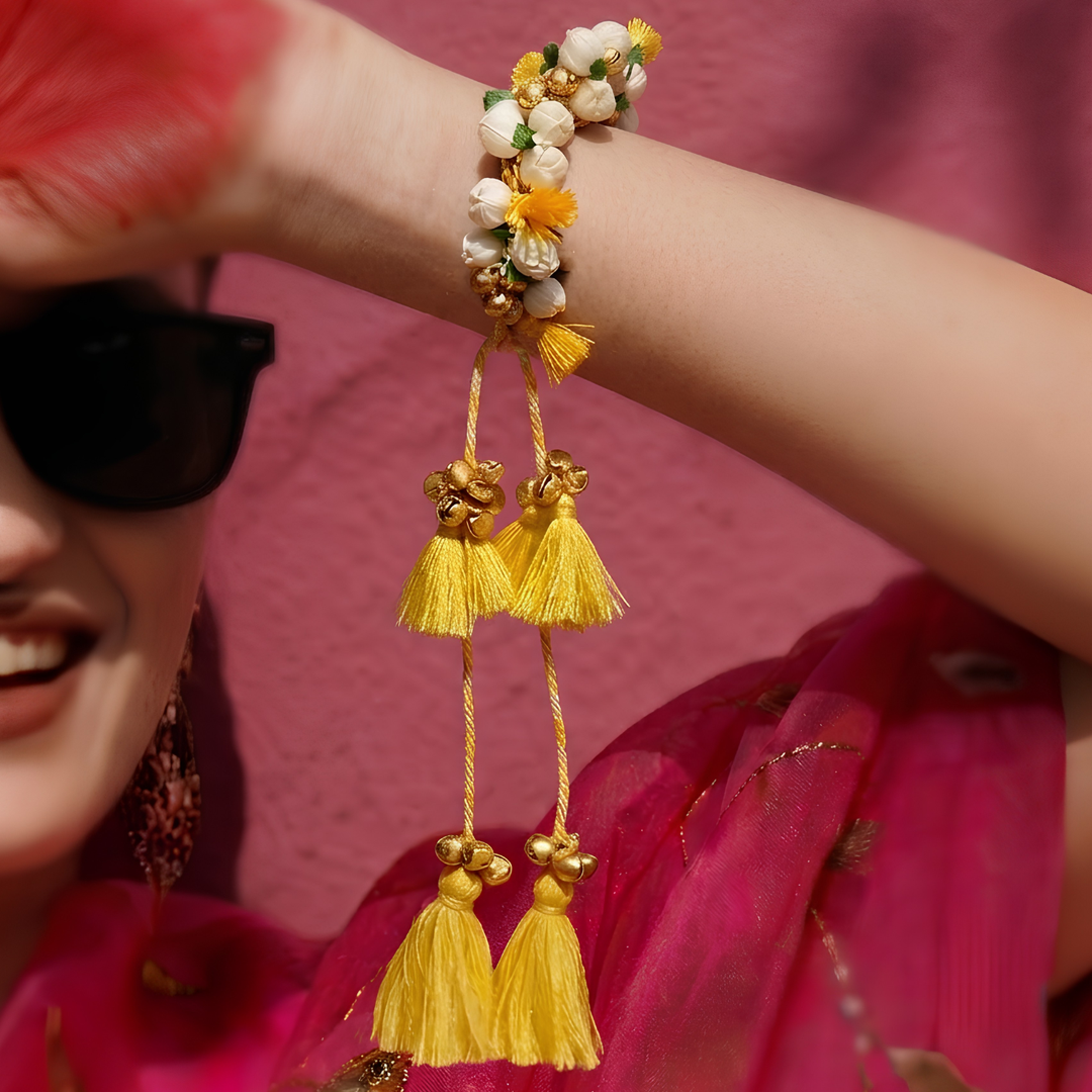 Handcrafted Shola & Ghungroo Tassel Lumba Rakhi for Bhabhi - Yellow