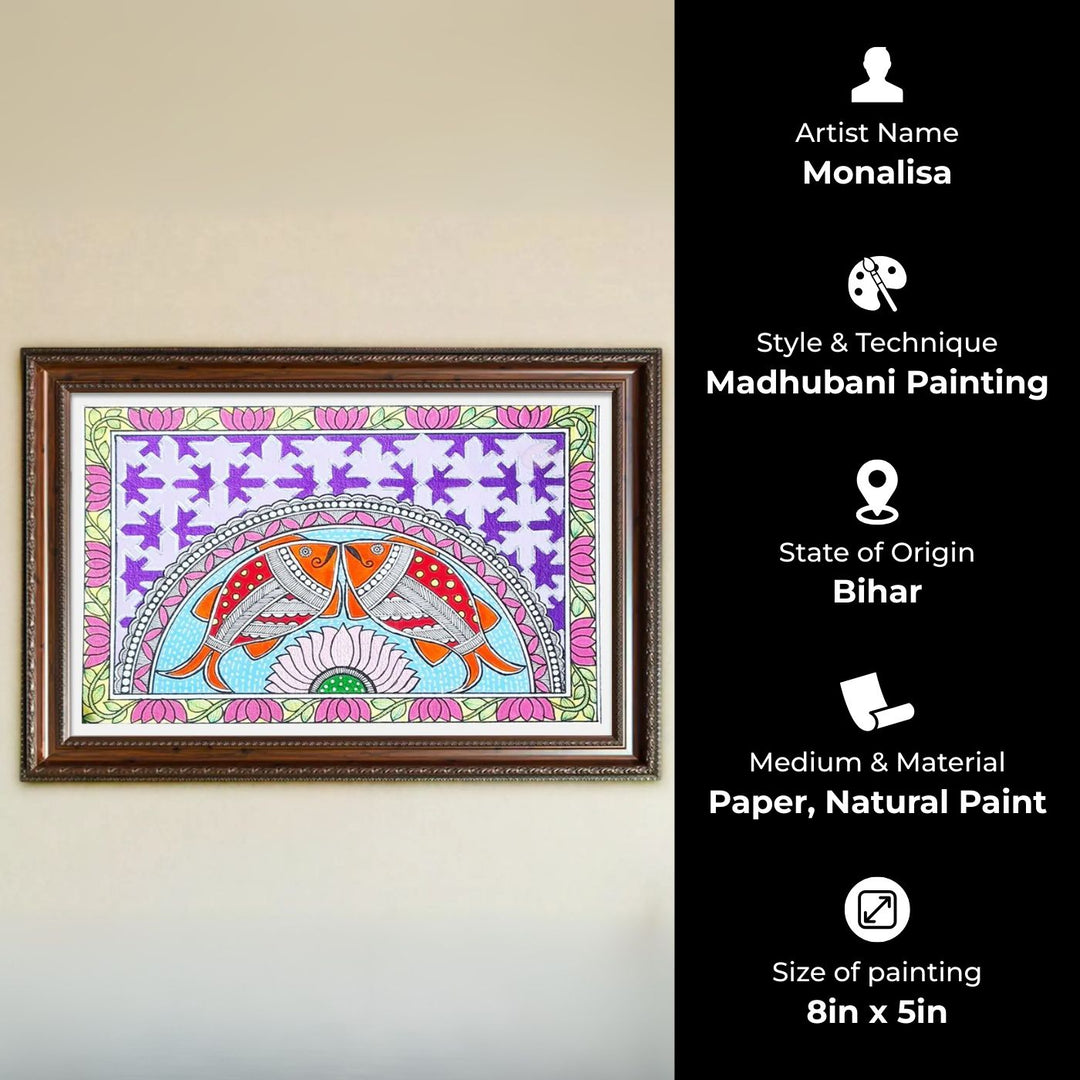 8 x 5 Inch | Duo Fish & Lotus | Original Hand Painted Madhubani Painting On Paper