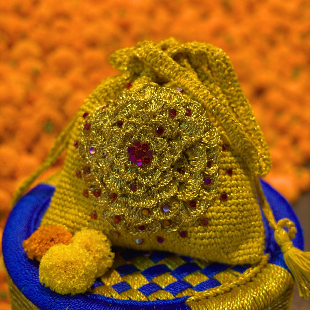 Handmade Crochet Amber Bloom Embellished Potli