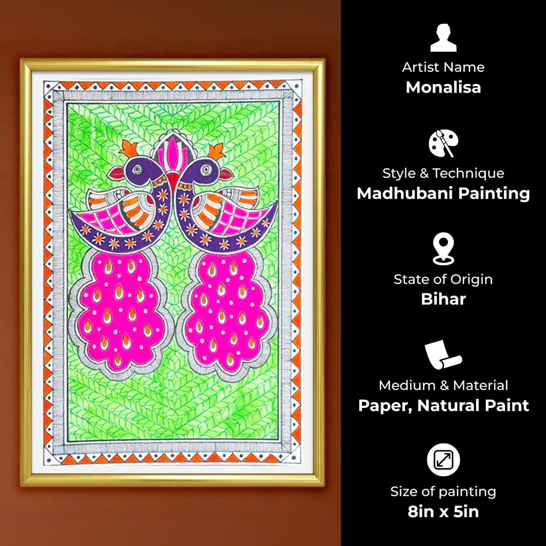 8 x 5 Inch | Symphony In Pink & Green | Original Hand Painted Madhubani Painting On Paper