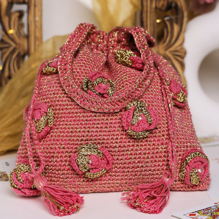 Handmade Crochet Pink & Golden Bloom Potli