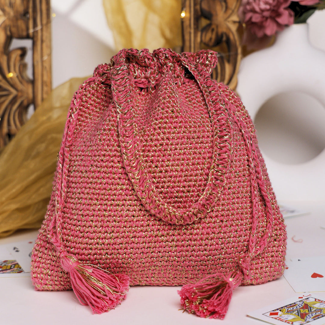 Handmade Crochet Pink & Golden Bloom Potli