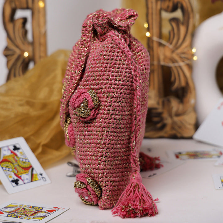 Handmade Crochet Pink & Golden Bloom Potli